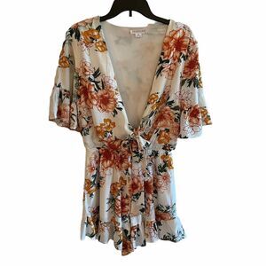 Love Riche Romper Deep V Neck Ivory Orange Floral Ruffled Bell Sleeves Medium
